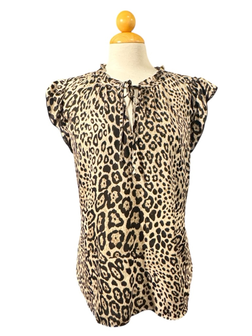 Leopard Print Tie-Neck Cap Sleeve Blouse - Beige/Black